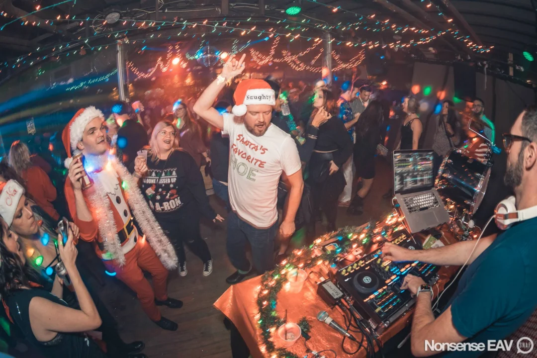Nonsense Holiday Party 2017! Kimber + Fuller + Santa! It's Altanta's Indie Pop Dance Party! Tag your friends! Photo by Oh Snap/Fabeaux!