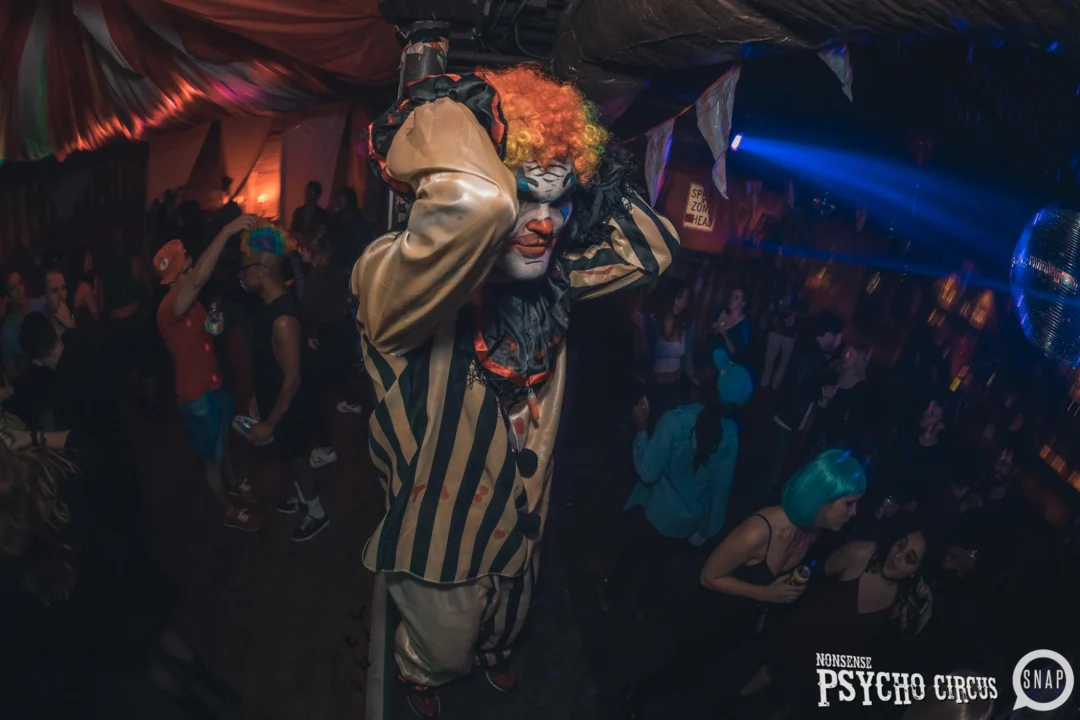 Nonsense - PSYCHO CIRCUS 2 with special guest performances by EVAH DESTRUCTION! The DJ is Kimber! 3rd Friday of every month at The Basement in EAV. Photo by Oh Snap/Fabeaux
