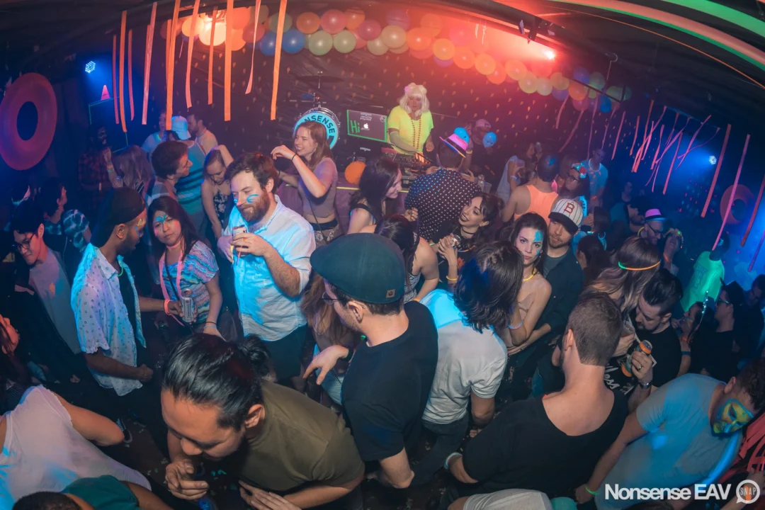 Nonsense: GLOW Indie Dance Party - February 2018! We danced! We glowed! We got ridiculous! Nonsense is the 3rd Friday of every month at The Basement. Kimber is the DJ. Photo by Oh Snap.