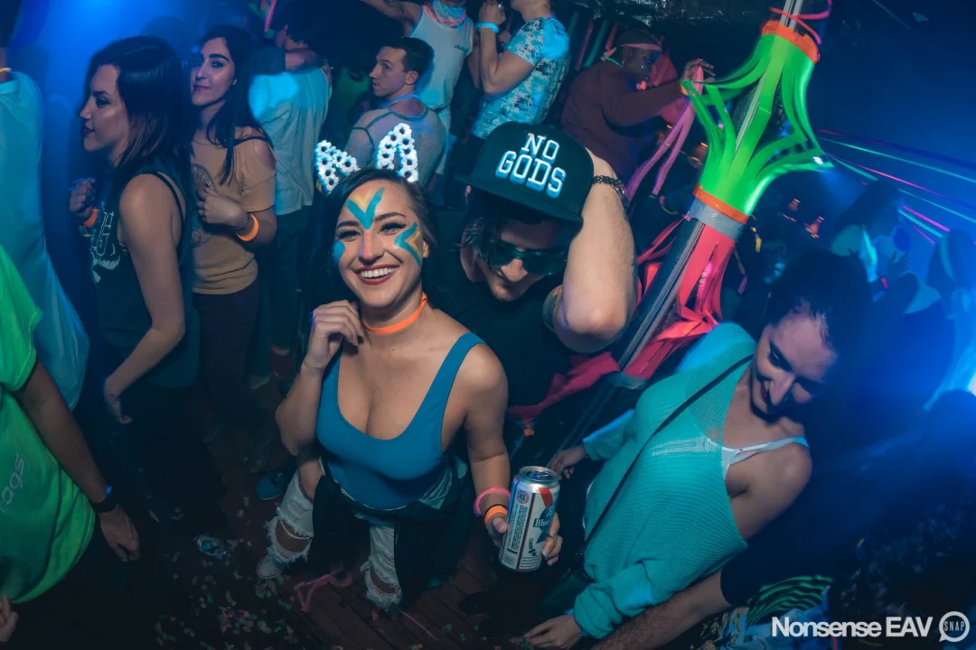 Nonsense: GLOW Indie Dance Party - February 2018! We danced! We glowed! We got ridiculous! Nonsense is the 3rd Friday of every month at The Basement. Kimber is the DJ. Photo by Oh Snap.