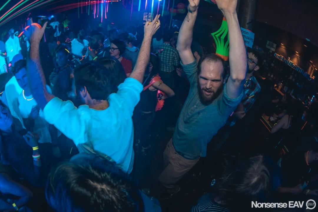 Nonsense: GLOW Indie Dance Party - February 2018! We danced! We glowed! We got ridiculous! Nonsense is the 3rd Friday of every month at The Basement. Kimber is the DJ. Photo by Oh Snap.