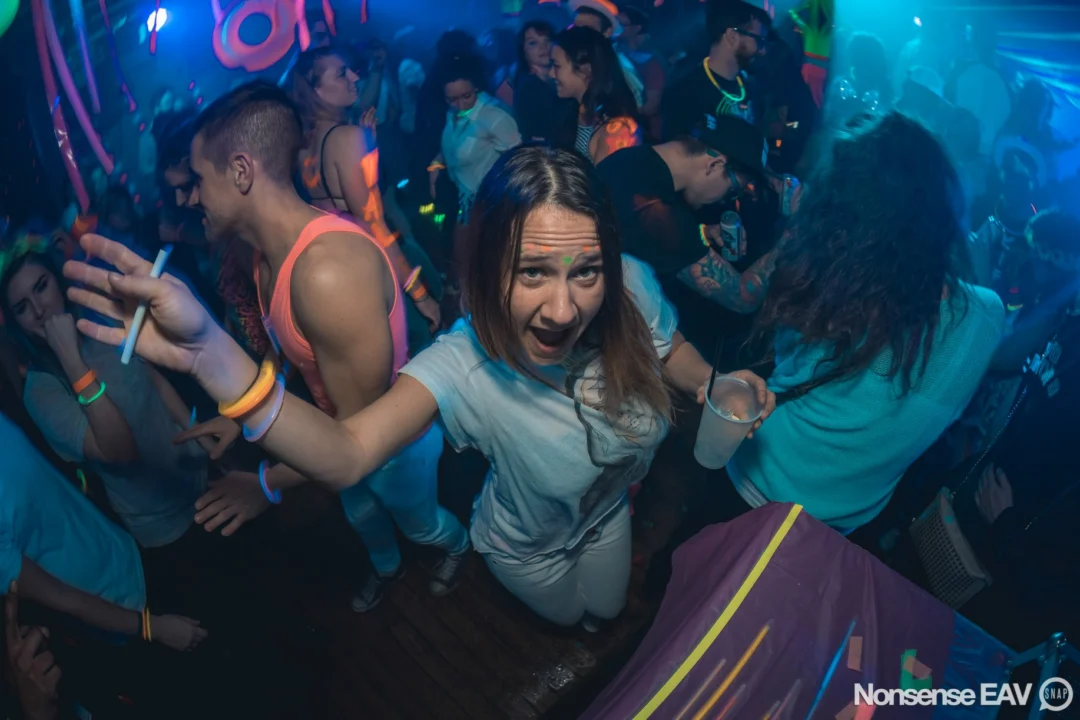 Nonsense: GLOW Indie Dance Party - February 2018! We danced! We glowed! We got ridiculous! Nonsense is the 3rd Friday of every month at The Basement. Kimber is the DJ. Photo by Oh Snap.