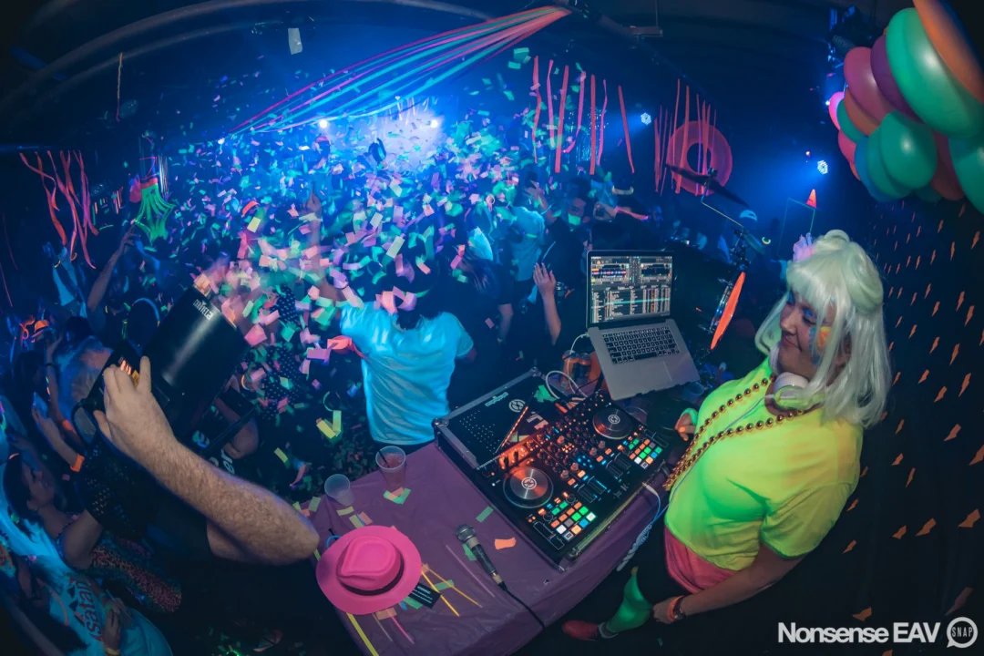 Nonsense: GLOW Indie Dance Party - February 2018! We danced! We glowed! We got ridiculous! Nonsense is the 3rd Friday of every month at The Basement. Kimber is the DJ. Photo by Oh Snap.