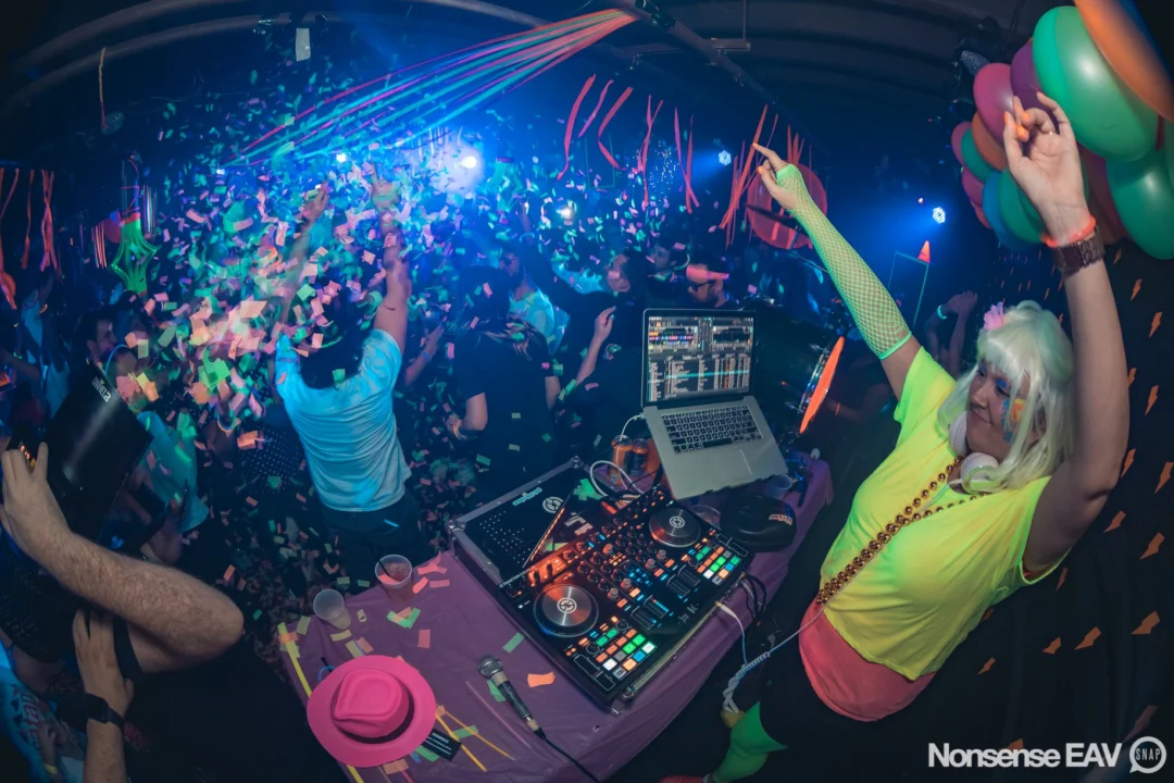 Nonsense: GLOW Indie Dance Party - February 2018! We danced! We glowed! We got ridiculous! Nonsense is the 3rd Friday of every month at The Basement. Kimber is the DJ. Photo by Oh Snap.