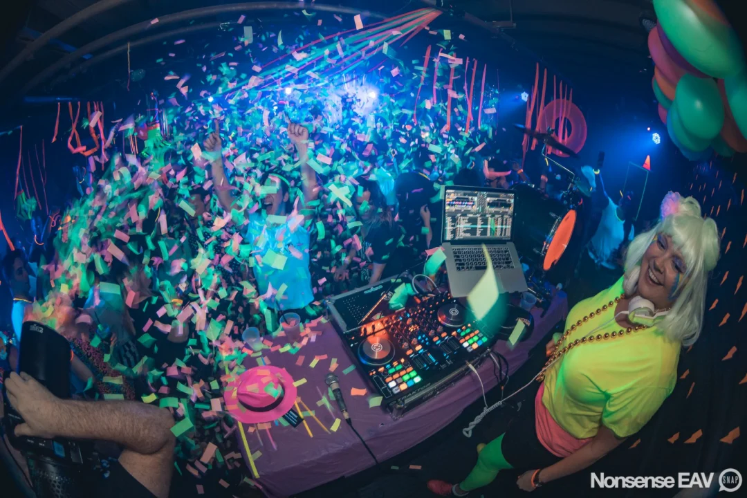 Nonsense: GLOW Indie Dance Party - February 2018! We danced! We glowed! We got ridiculous! Nonsense is the 3rd Friday of every month at The Basement. Kimber is the DJ. Photo by Oh Snap.