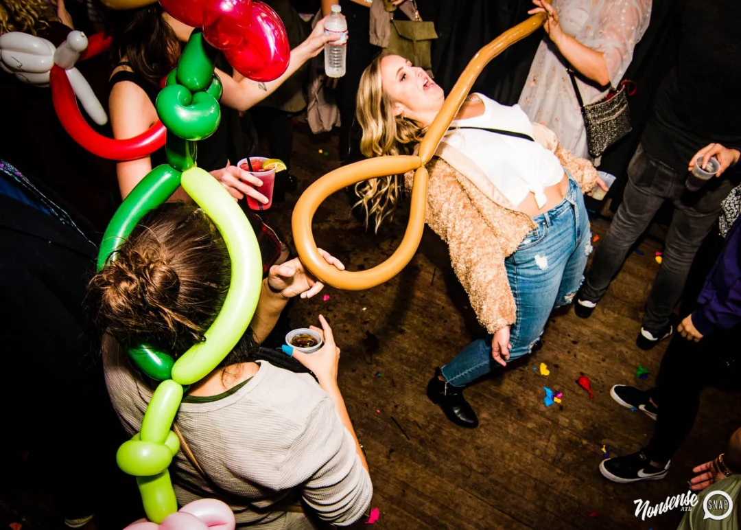 Nonsense: Balloons! November 2018 at The Basement, Thousands of balloons everywhere! Balloon Twisters! Balloon Walls! Kimber was the DJ!