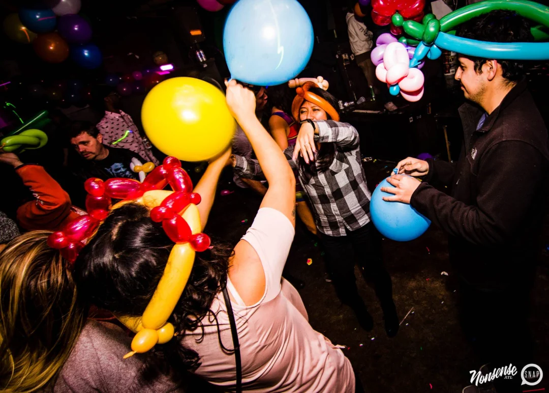 Nonsense: Balloons! November 2018 at The Basement, Thousands of balloons everywhere! Balloon Twisters! Balloon Walls! Kimber was the DJ!