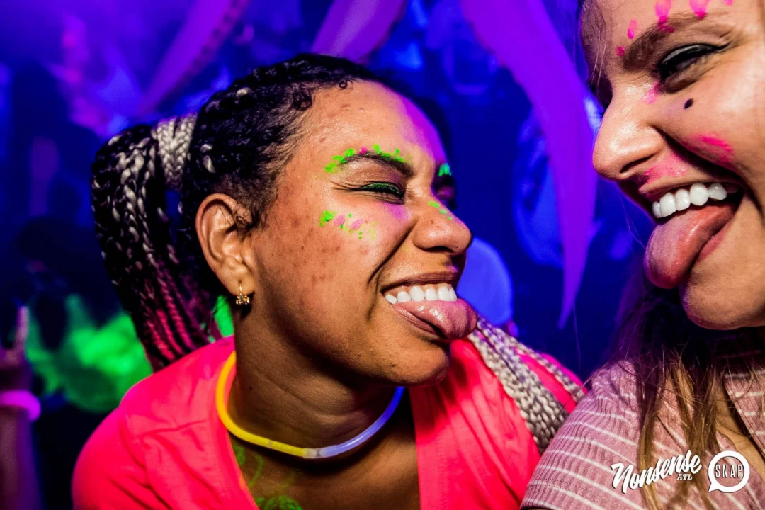 Nonsense GLOW Dance Party - July 2019 at The Basement. DJs: MP3PO & Skalaka. Facepainting by Brooke Creates. Photo by Oh Snap Kid.