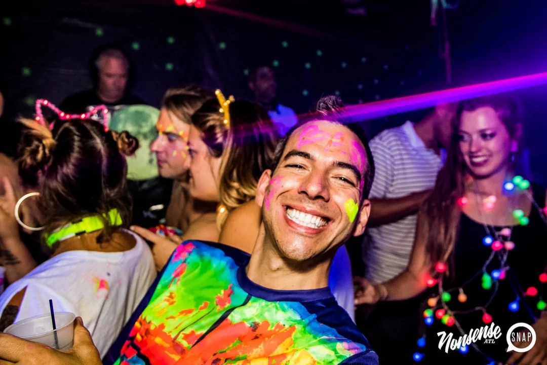 Nonsense GLOW Dance Party - July 2019 at The Basement. DJs: MP3PO & Skalaka. Facepainting by Brooke Creates. Photo by Oh Snap Kid.