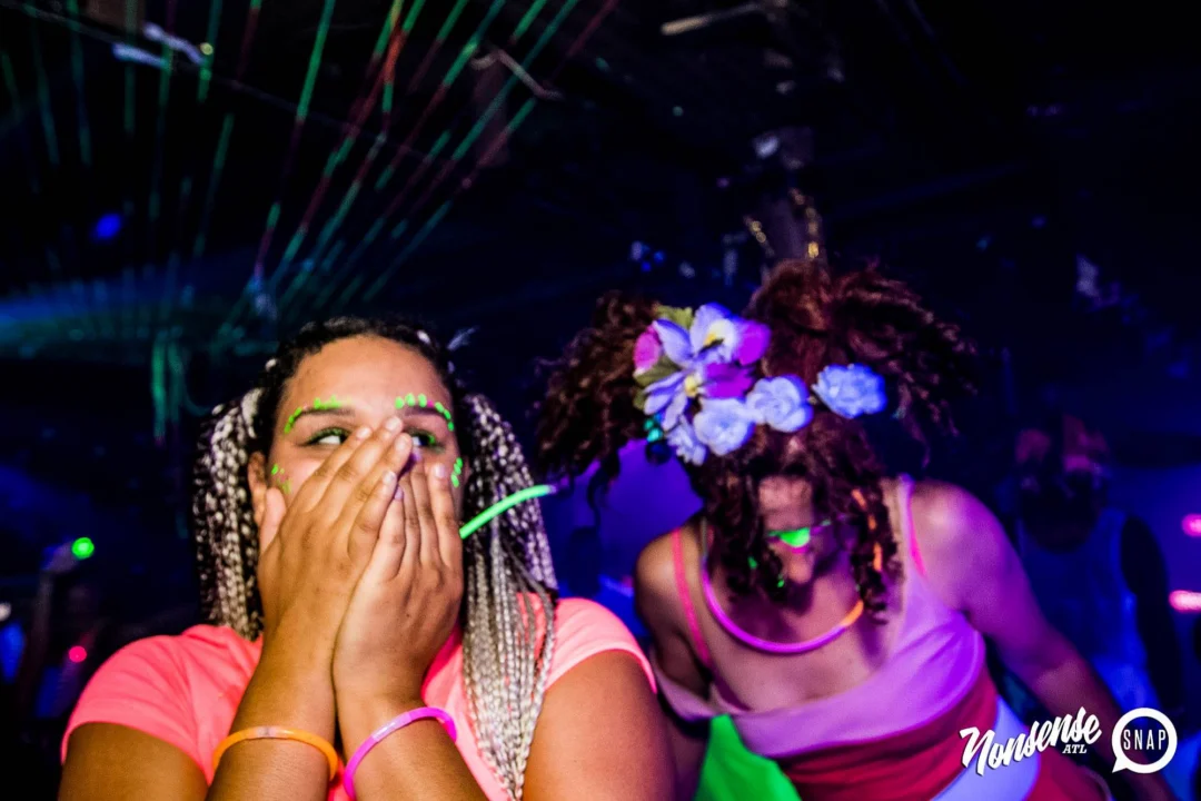 Nonsense GLOW Dance Party - July 2019 at The Basement. DJs: MP3PO & Skalaka. Facepainting by Brooke Creates. Photo by Oh Snap Kid.