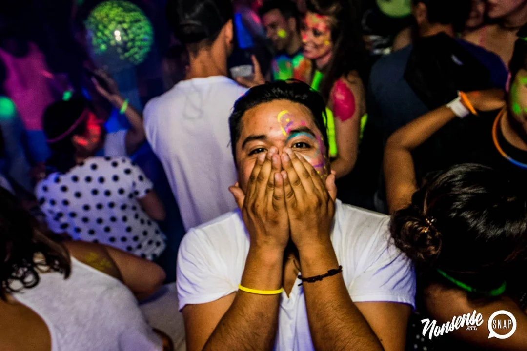 Nonsense GLOW Dance Party - July 2019 at The Basement. DJs: MP3PO & Skalaka. Facepainting by Brooke Creates. Photo by Oh Snap Kid.
