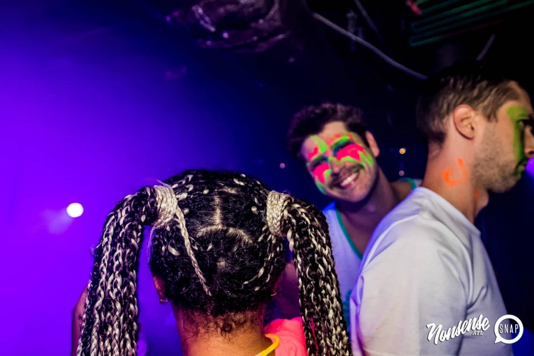 Nonsense GLOW Dance Party - July 2019 at The Basement. DJs: MP3PO & Skalaka. Facepainting by Brooke Creates. Photo by Oh Snap Kid.
