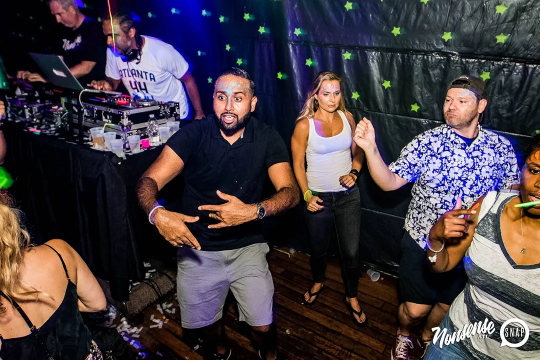 Nonsense GLOW Dance Party - July 2019 at The Basement. DJs: MP3PO & Skalaka. Facepainting by Brooke Creates. Photo by Oh Snap Kid.