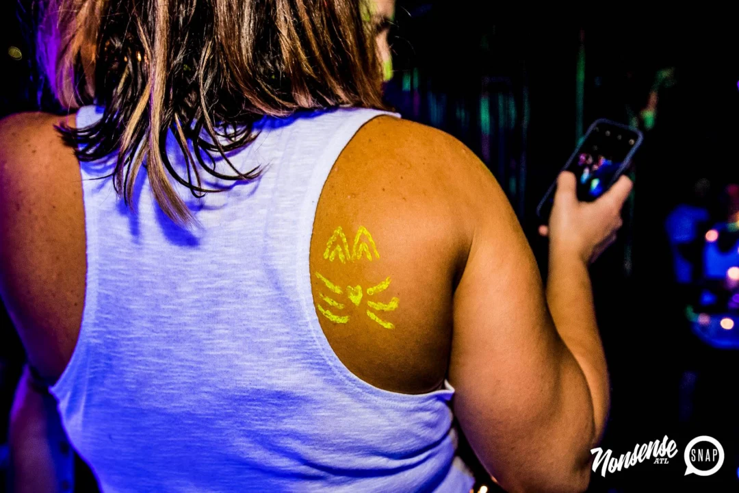 Nonsense GLOW Dance Party - July 2019 at The Basement. DJs: MP3PO & Skalaka. Facepainting by Brooke Creates. Photo by Oh Snap Kid.