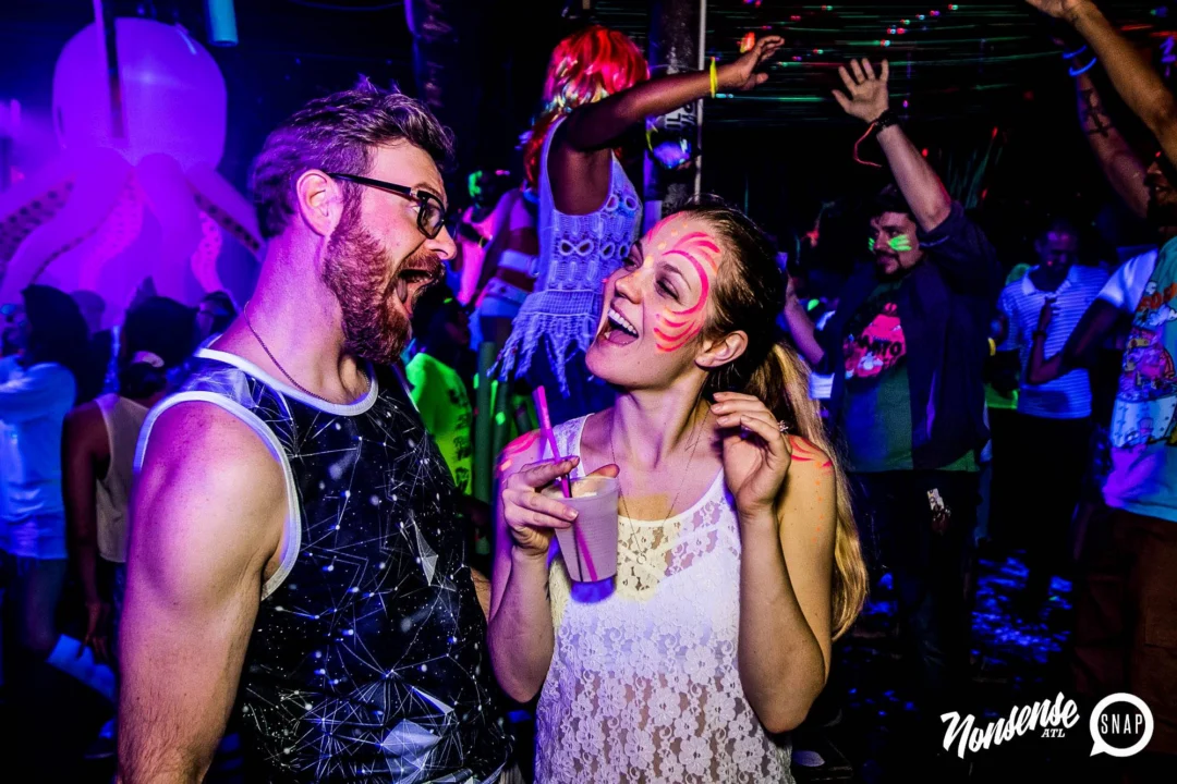 Nonsense GLOW Dance Party - July 2019 at The Basement. DJs: MP3PO & Skalaka. Facepainting by Brooke Creates. Photo by Oh Snap Kid.