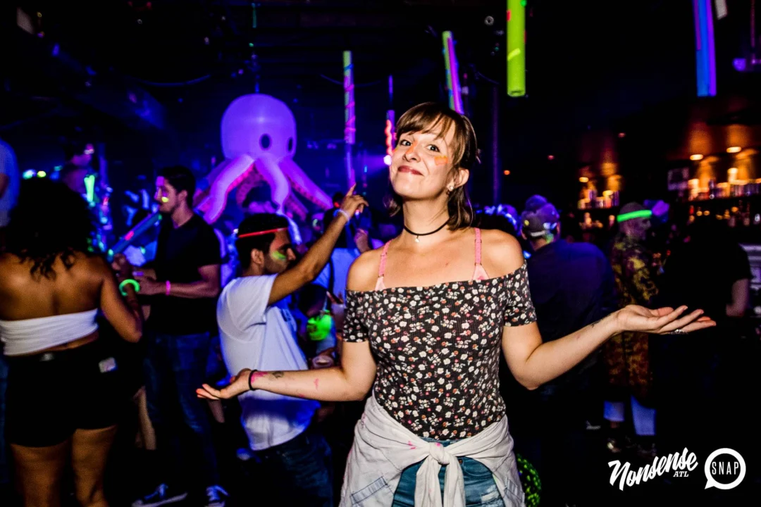 Nonsense GLOW Dance Party - July 2019 at The Basement. DJs: MP3PO & Skalaka. Facepainting by Brooke Creates. Photo by Oh Snap Kid.