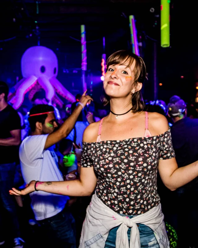 Nonsense GLOW Dance Party - July 2019 at The Basement. DJs: MP3PO & Skalaka. Facepainting by Brooke Creates. Photo by Oh Snap Kid.