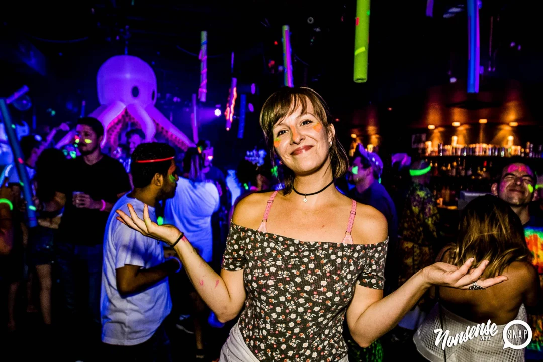 Nonsense GLOW Dance Party - July 2019 at The Basement. DJs: MP3PO & Skalaka. Facepainting by Brooke Creates. Photo by Oh Snap Kid.