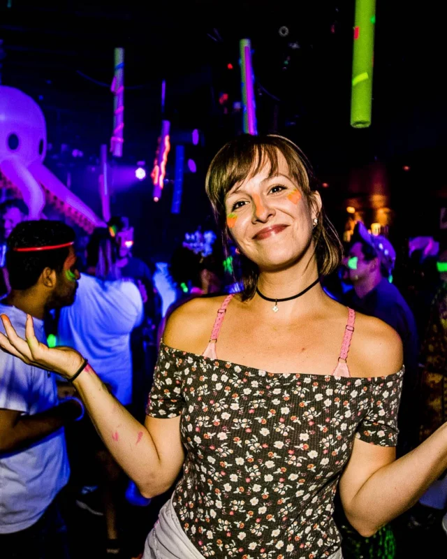 Nonsense GLOW Dance Party - July 2019 at The Basement. DJs: MP3PO & Skalaka. Facepainting by Brooke Creates. Photo by Oh Snap Kid.