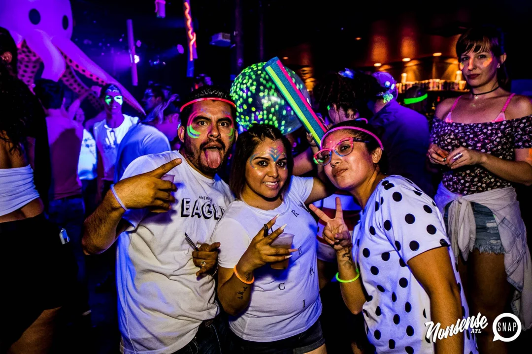 Nonsense GLOW Dance Party - July 2019 at The Basement. DJs: MP3PO & Skalaka. Facepainting by Brooke Creates. Photo by Oh Snap Kid.