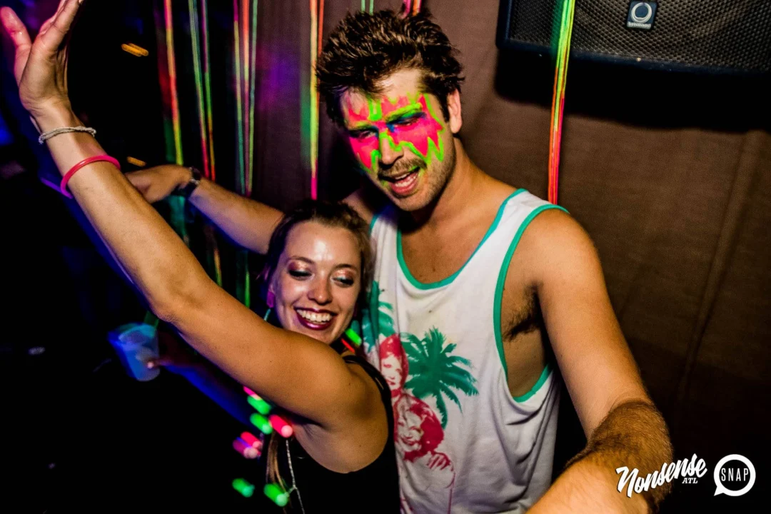 Nonsense GLOW Dance Party - July 2019 at The Basement. DJs: MP3PO & Skalaka. Facepainting by Brooke Creates. Photo by Oh Snap Kid.
