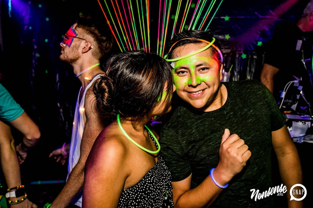 Nonsense GLOW Dance Party - July 2019 at The Basement. DJs: MP3PO & Skalaka. Facepainting by Brooke Creates. Photo by Oh Snap Kid.