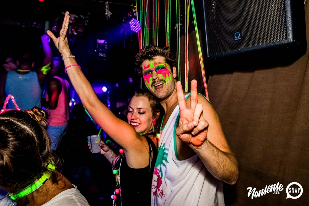 Nonsense GLOW Dance Party - July 2019 at The Basement. DJs: MP3PO & Skalaka. Facepainting by Brooke Creates. Photo by Oh Snap Kid.