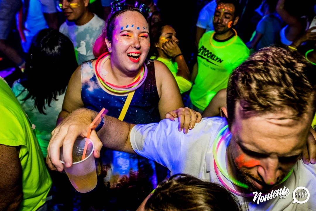 Nonsense GLOW Dance Party - July 2019 at The Basement. DJs: MP3PO & Skalaka. Facepainting by Brooke Creates. Photo by Oh Snap Kid.