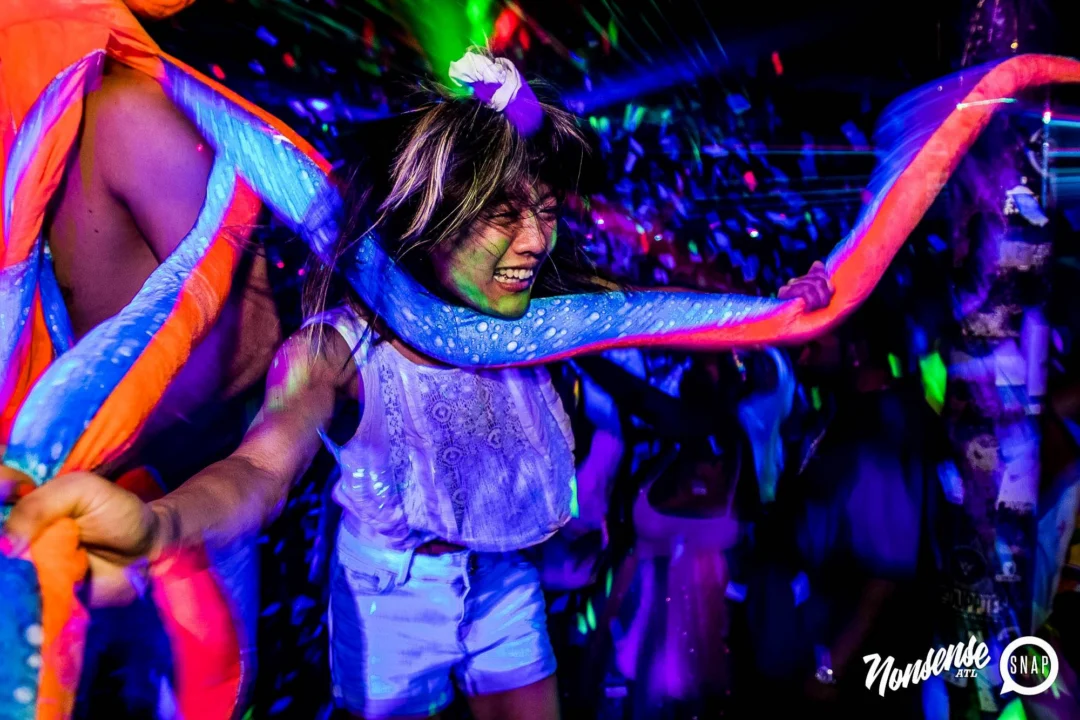 Nonsense GLOW Dance Party - July 2019 at The Basement. DJs: MP3PO & Skalaka. Facepainting by Brooke Creates. Photo by Oh Snap Kid.