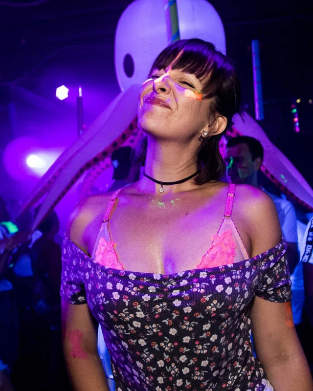 Nonsense GLOW Dance Party - July 2019 at The Basement. DJs: MP3PO & Skalaka. Facepainting by Brooke Creates. Photo by Oh Snap Kid.