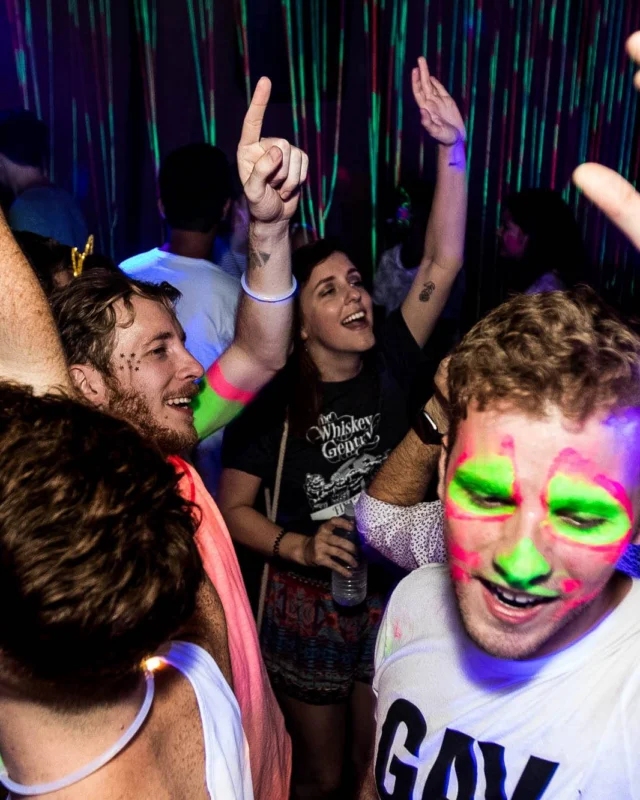 Nonsense GLOW Dance Party - July 2019 at The Basement. DJs: MP3PO & Skalaka. Facepainting by Brooke Creates. Photo by Oh Snap Kid.