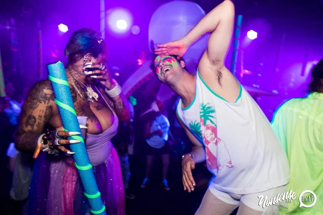 Nonsense GLOW Dance Party - July 2019 at The Basement. DJs: MP3PO & Skalaka. Facepainting by Brooke Creates. Photo by Oh Snap Kid.