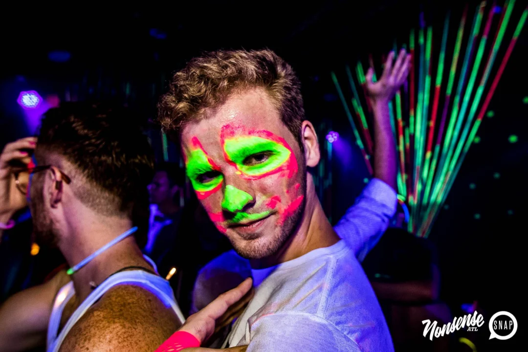 Nonsense GLOW Dance Party - July 2019 at The Basement. DJs: MP3PO & Skalaka. Facepainting by Brooke Creates. Photo by Oh Snap Kid.