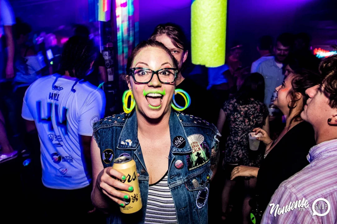 Nonsense GLOW Dance Party - July 2019 at The Basement. DJs: MP3PO & Skalaka. Facepainting by Brooke Creates. Photo by Oh Snap Kid.
