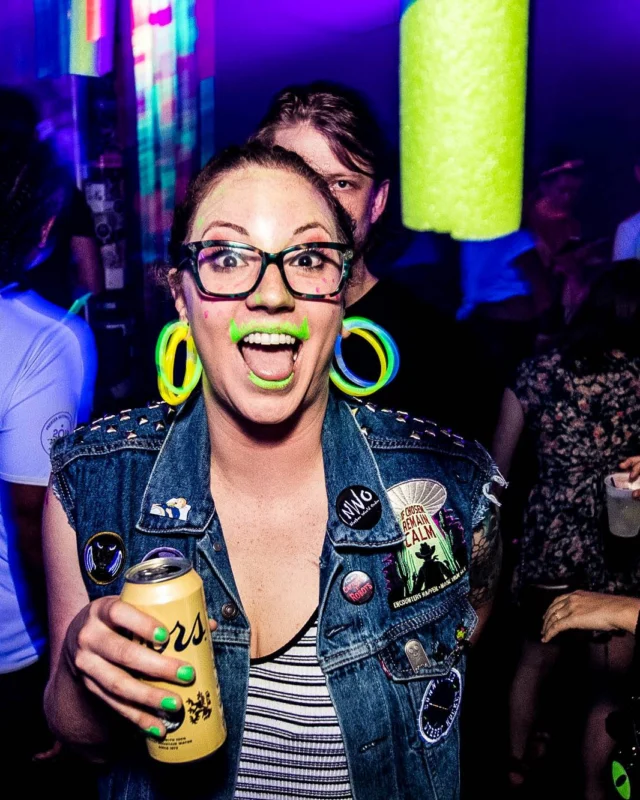 Nonsense GLOW Dance Party - July 2019 at The Basement. DJs: MP3PO & Skalaka. Facepainting by Brooke Creates. Photo by Oh Snap Kid.
