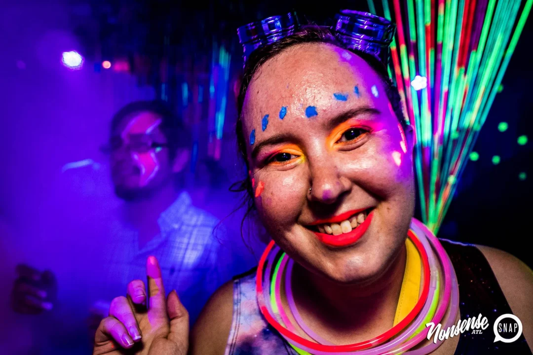Nonsense GLOW Dance Party - July 2019 at The Basement. DJs: MP3PO & Skalaka. Facepainting by Brooke Creates. Photo by Oh Snap Kid.