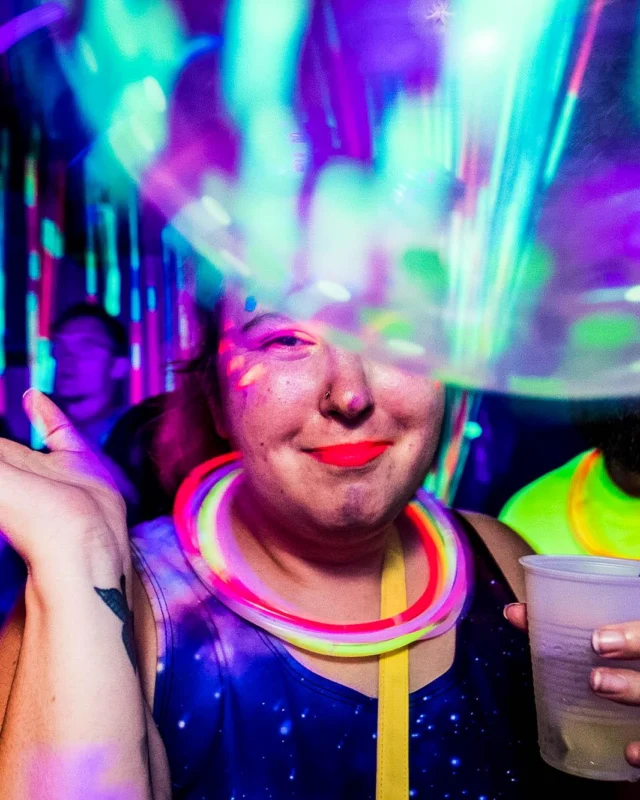 Nonsense GLOW Dance Party - July 2019 at The Basement. DJs: MP3PO & Skalaka. Facepainting by Brooke Creates. Photo by Oh Snap Kid.
