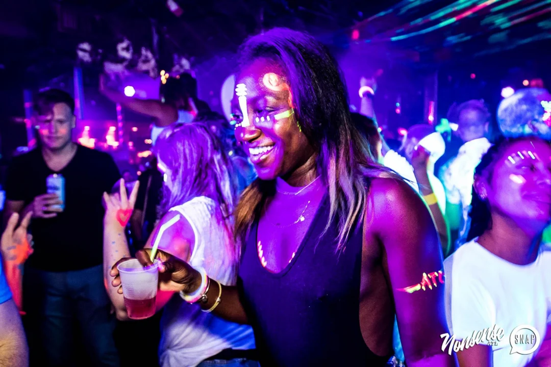Nonsense GLOW Dance Party - July 2019 at The Basement. DJs: MP3PO & Skalaka. Facepainting by Brooke Creates. Photo by Oh Snap Kid.
