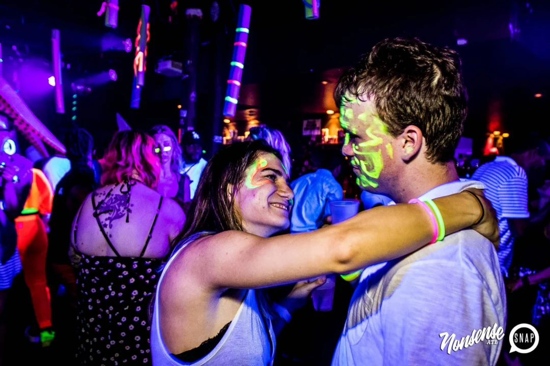 Nonsense GLOW Dance Party - July 2019 at The Basement. DJs: MP3PO & Skalaka. Facepainting by Brooke Creates. Photo by Oh Snap Kid.