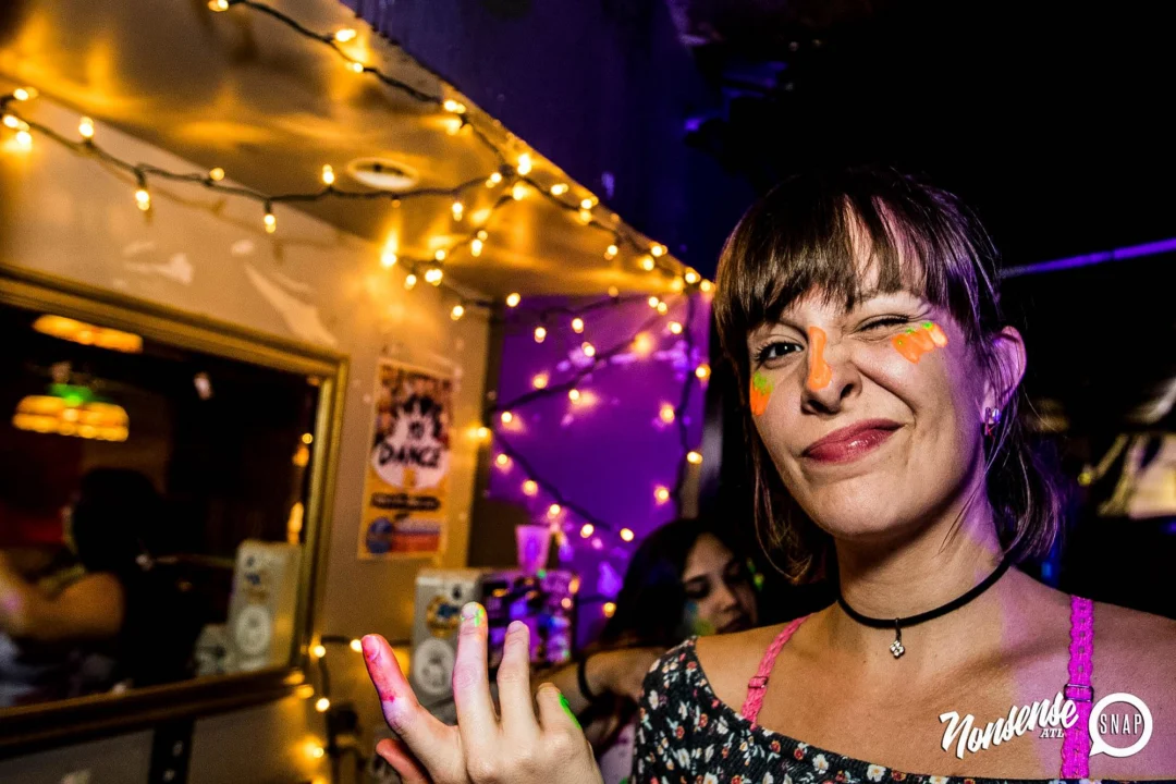 Nonsense GLOW Dance Party - July 2019 at The Basement. DJs: MP3PO & Skalaka. Facepainting by Brooke Creates. Photo by Oh Snap Kid.