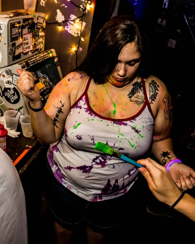 Nonsense GLOW Dance Party - July 2019 at The Basement. DJs: MP3PO & Skalaka. Facepainting by Brooke Creates. Photo by Oh Snap Kid.