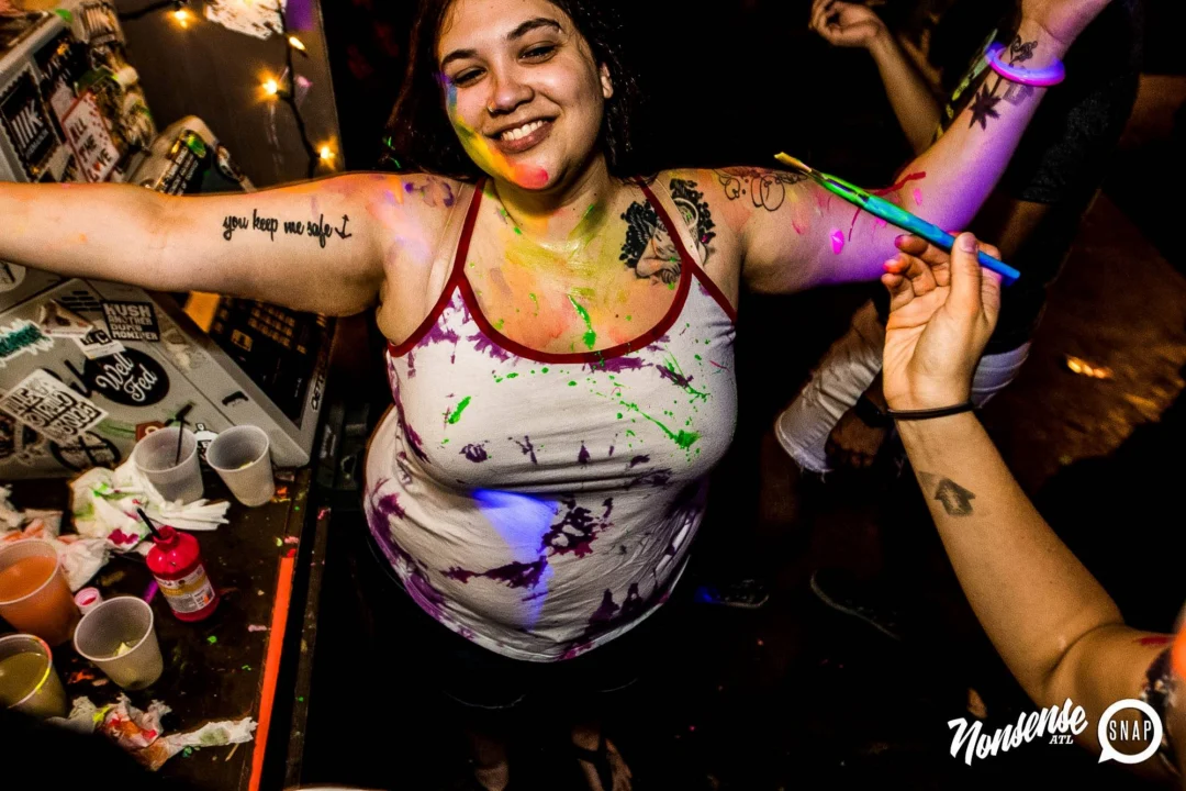 Nonsense GLOW Dance Party - July 2019 at The Basement. DJs: MP3PO & Skalaka. Facepainting by Brooke Creates. Photo by Oh Snap Kid.