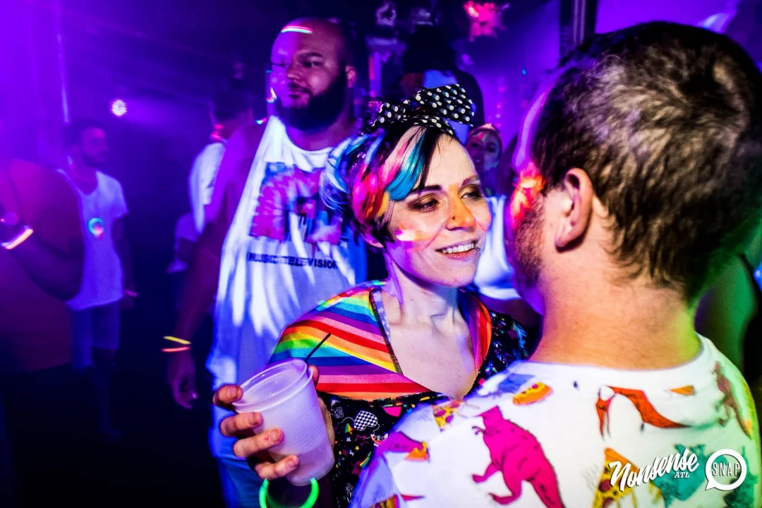 Nonsense GLOW Dance Party - July 2019 at The Basement. DJs: MP3PO & Skalaka. Facepainting by Brooke Creates. Photo by Oh Snap Kid.