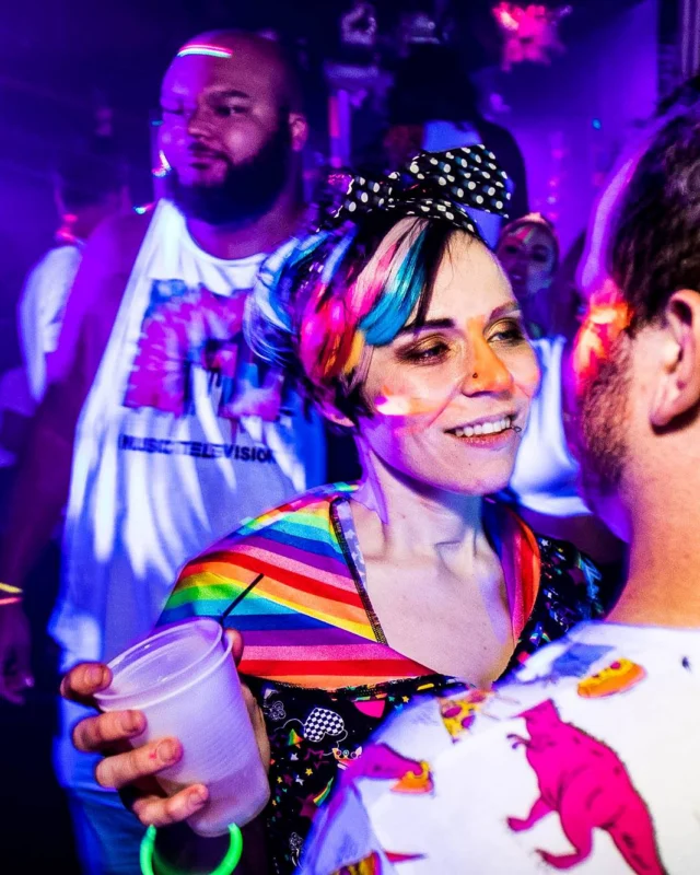 Nonsense GLOW Dance Party - July 2019 at The Basement. DJs: MP3PO & Skalaka. Facepainting by Brooke Creates. Photo by Oh Snap Kid.