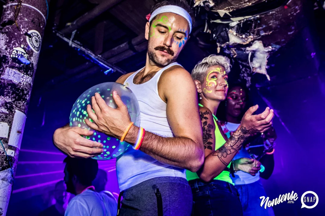 Nonsense GLOW Dance Party - July 2019 at The Basement. DJs: MP3PO & Skalaka. Facepainting by Brooke Creates. Photo by Oh Snap Kid.
