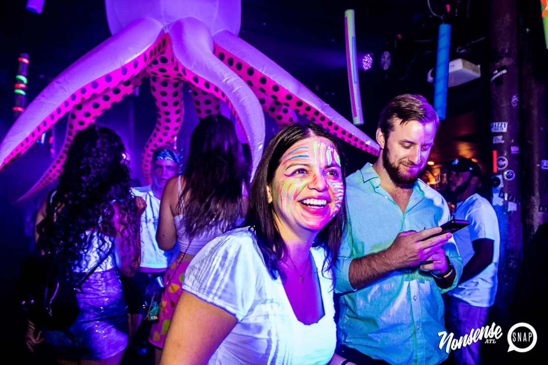 Nonsense GLOW Dance Party - July 2019 at The Basement. DJs: MP3PO & Skalaka. Facepainting by Brooke Creates. Photo by Oh Snap Kid.
