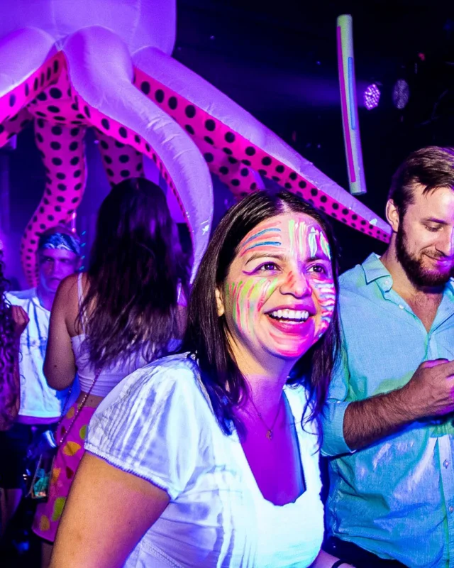 Nonsense GLOW Dance Party - July 2019 at The Basement. DJs: MP3PO & Skalaka. Facepainting by Brooke Creates. Photo by Oh Snap Kid.