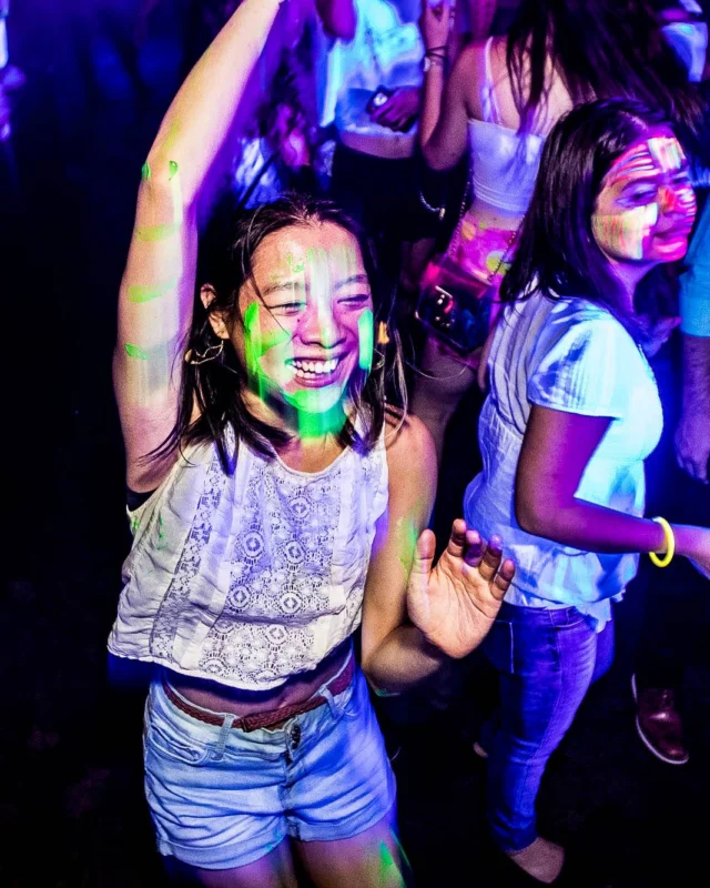 Nonsense GLOW Dance Party - July 2019 at The Basement. DJs: MP3PO & Skalaka. Facepainting by Brooke Creates. Photo by Oh Snap Kid.