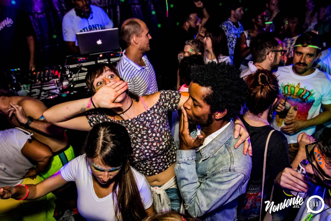 Nonsense GLOW Dance Party - July 2019 at The Basement. DJs: MP3PO & Skalaka. Facepainting by Brooke Creates. Photo by Oh Snap Kid.