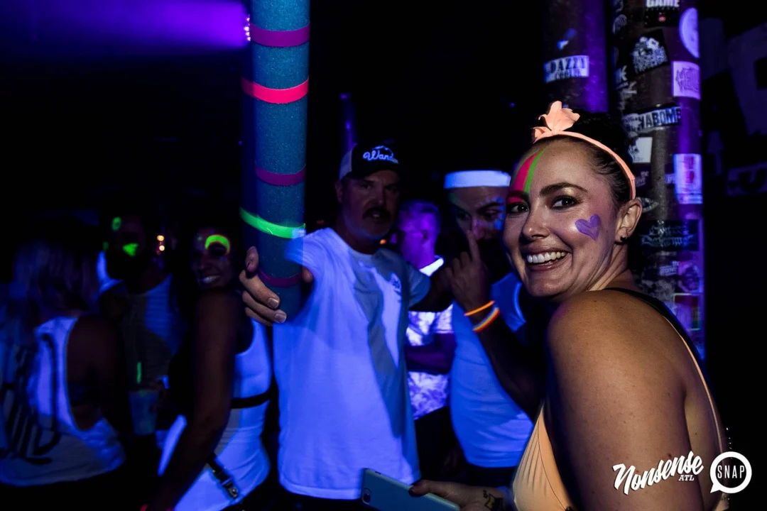 Nonsense GLOW Dance Party - July 2019 at The Basement. DJs: MP3PO & Skalaka. Facepainting by Brooke Creates. Photo by Oh Snap Kid.